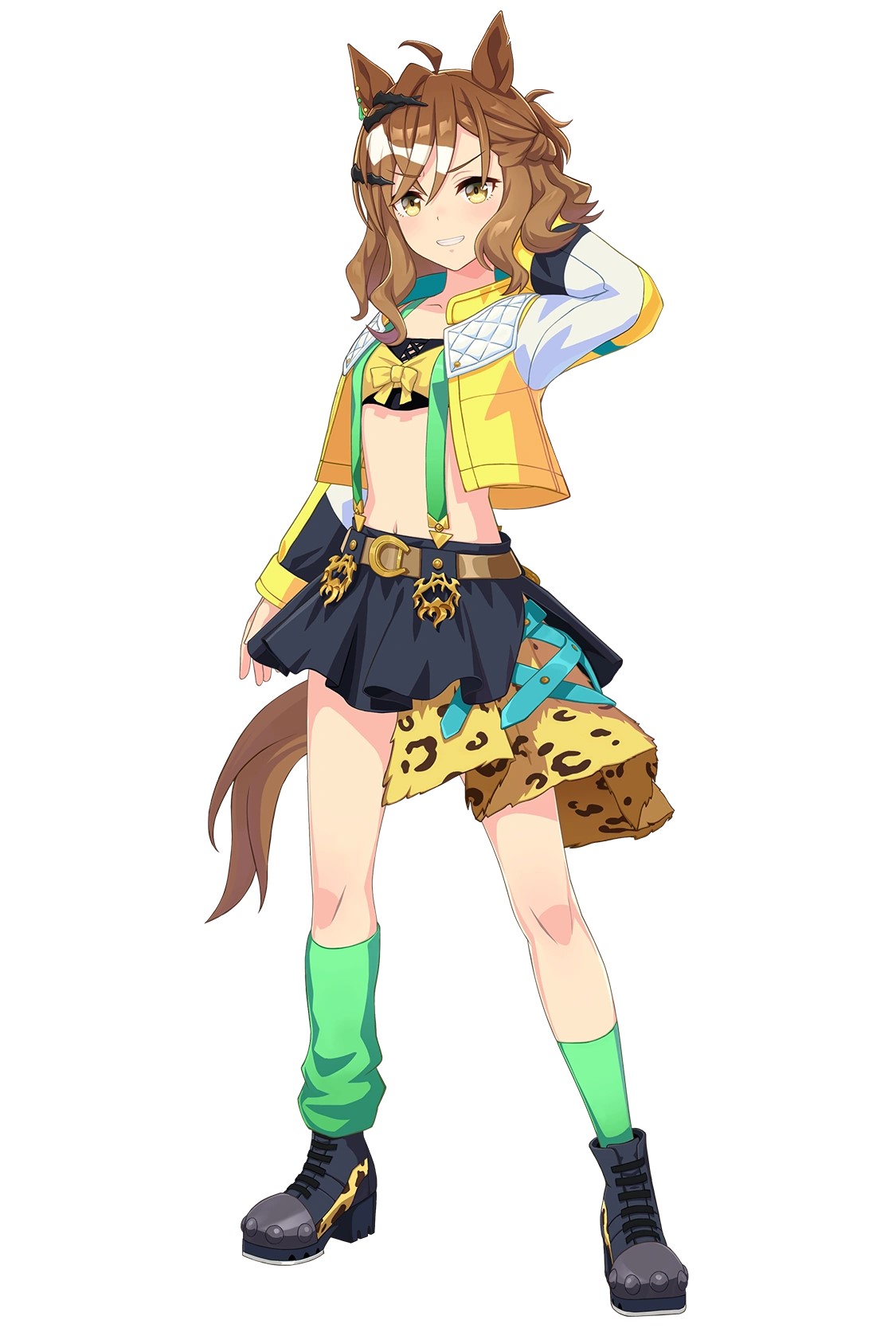 Jungle Pocket in her yellow racing jacket with leopard-print trim and green socks