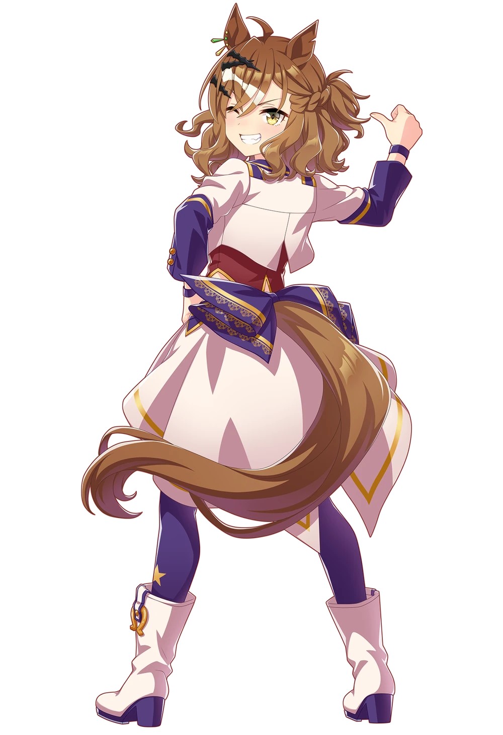 Jungle Pocket in her white and purple stage costume, winking over her shoulder